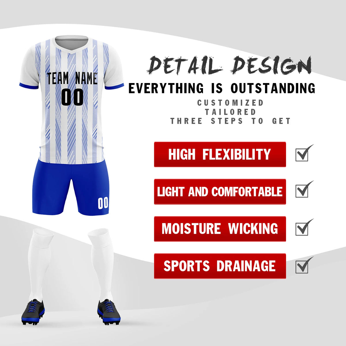 Custom White Royal Blue-White Soft Soccer Sets Jersey