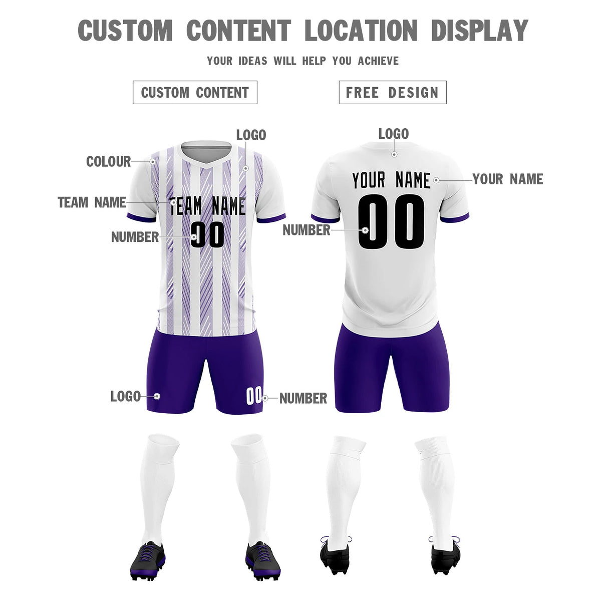 Custom White Purple-White Soft Soccer Sets Jersey