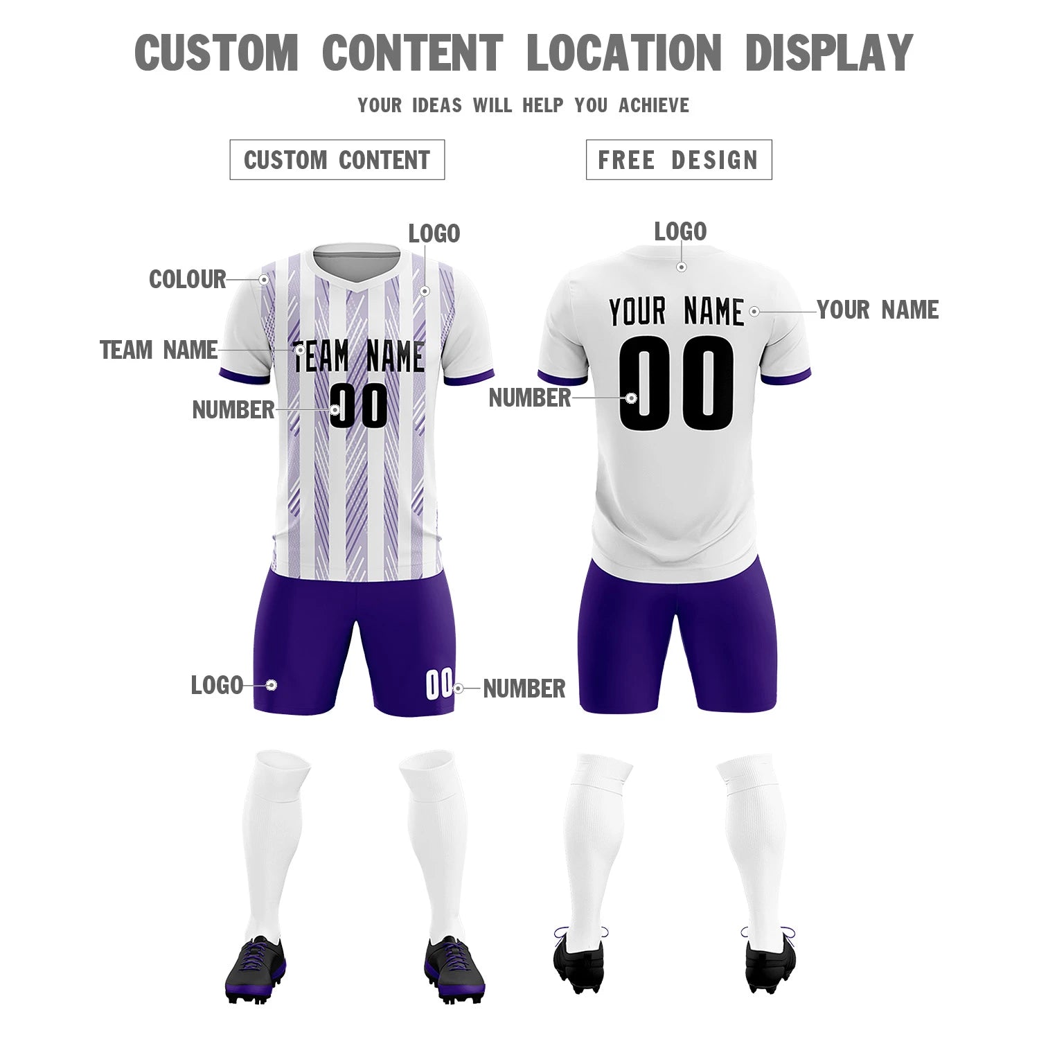 Custom White Purple-White Soft Soccer Sets Jersey