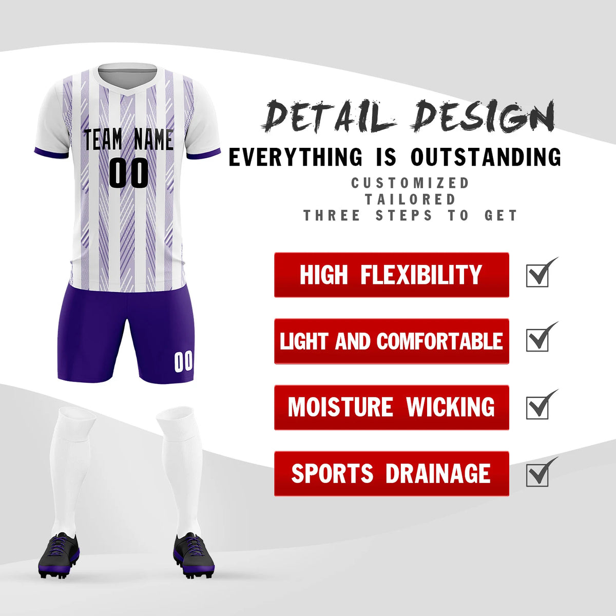 Custom White Purple-White Soft Soccer Sets Jersey