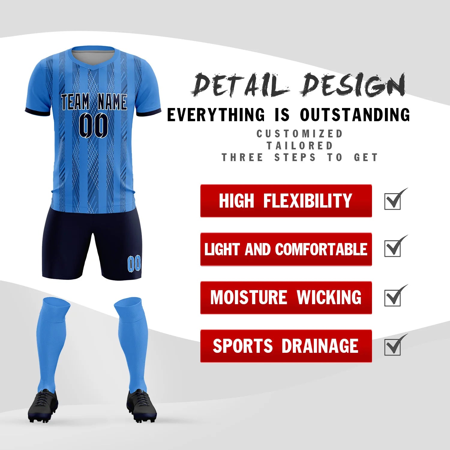 Custom Powder Blue Navy-White Soft Soccer Sets Jersey