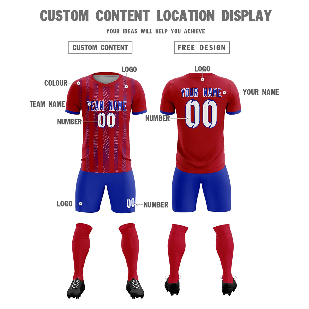 Custom Red Royal Blue-White Soft Soccer Sets Jersey