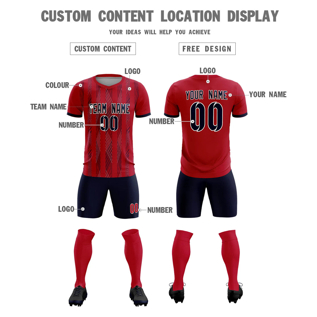 Custom Red Navy-White Soft Soccer Sets Jersey