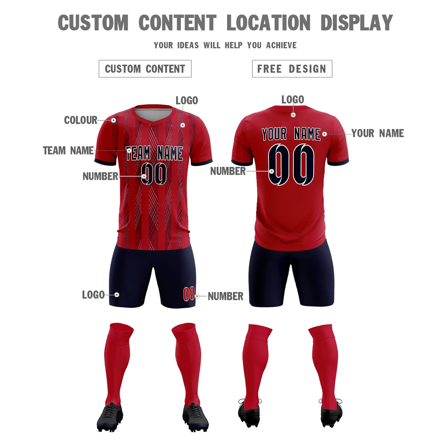 Custom Red Navy-White Soft Soccer Sets Jersey