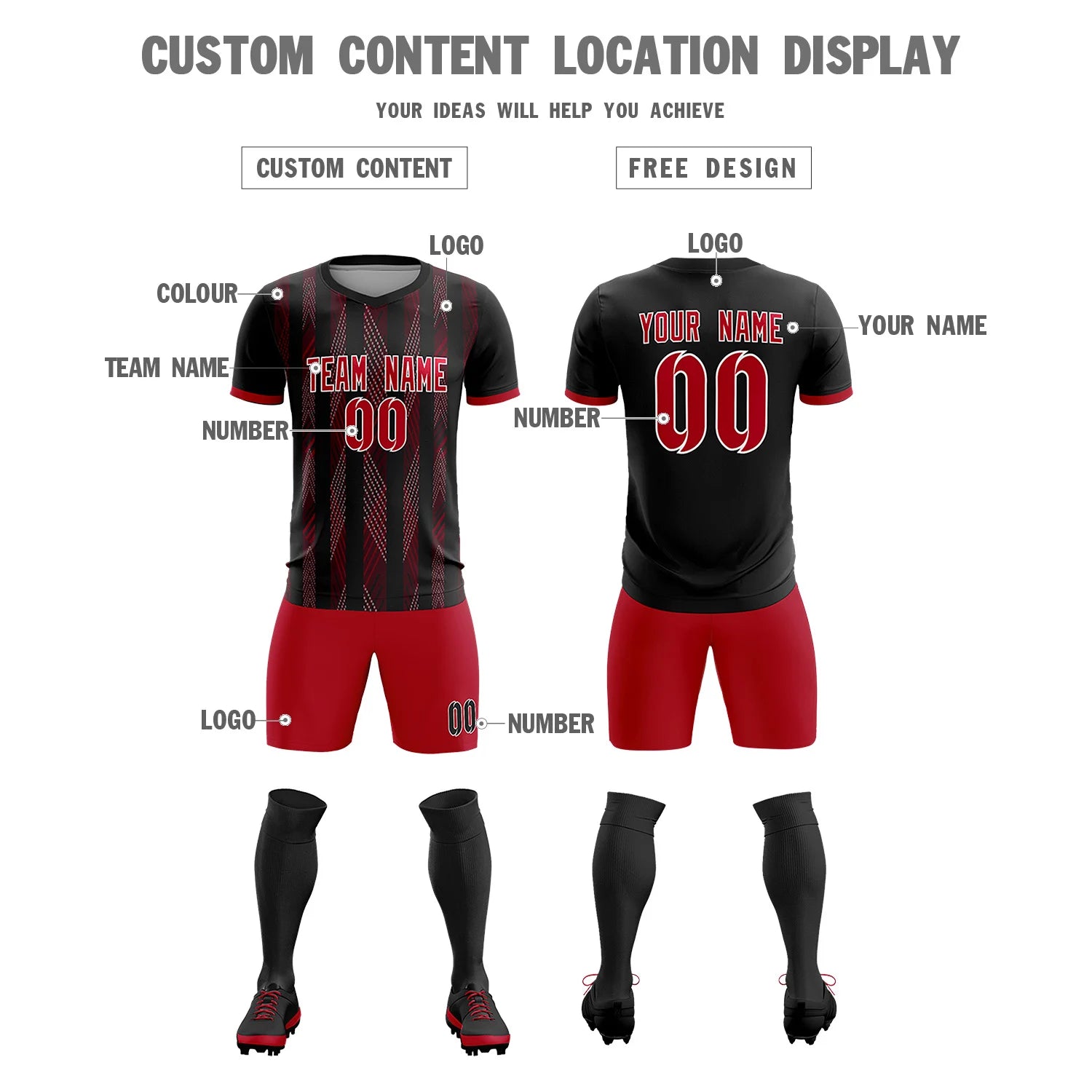 Custom Black Red-White Soft Soccer Sets Jersey