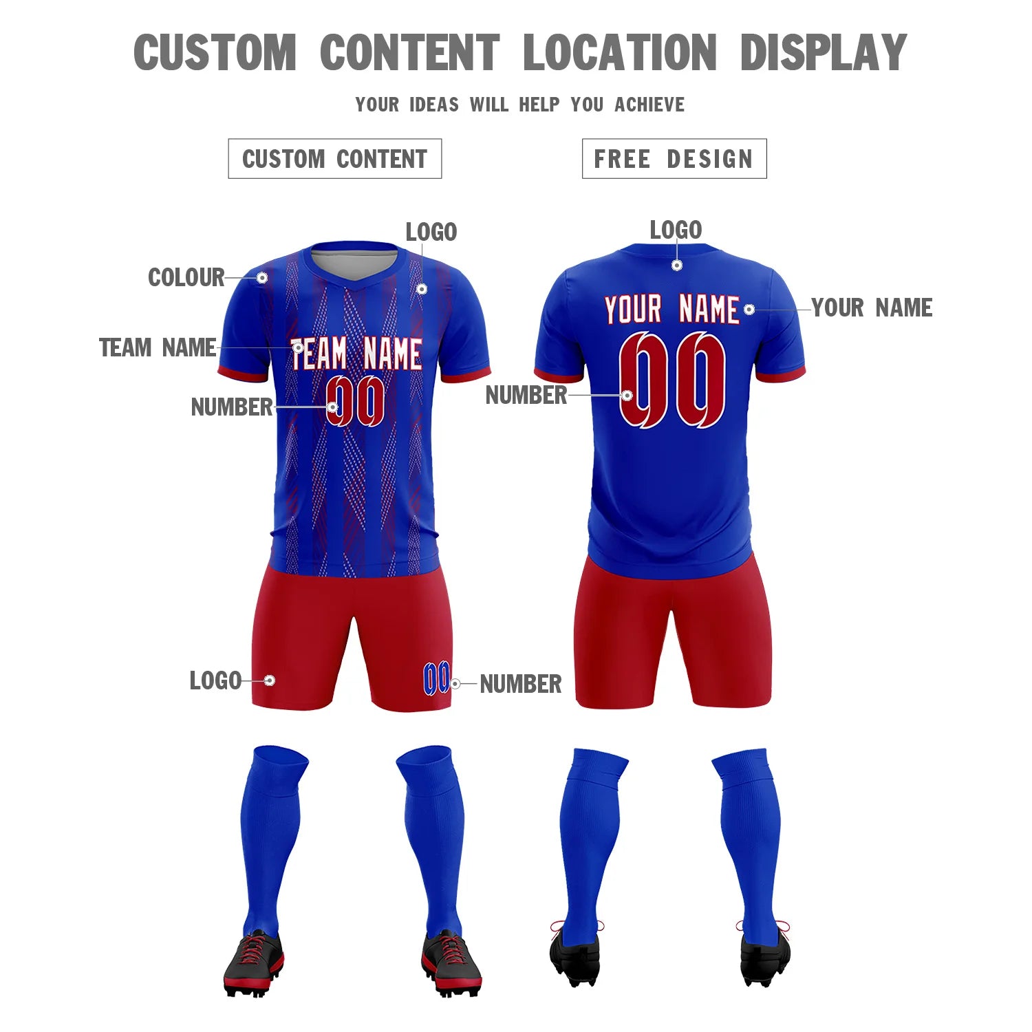 Custom Royal Blue Red-White Soft Soccer Sets Jersey