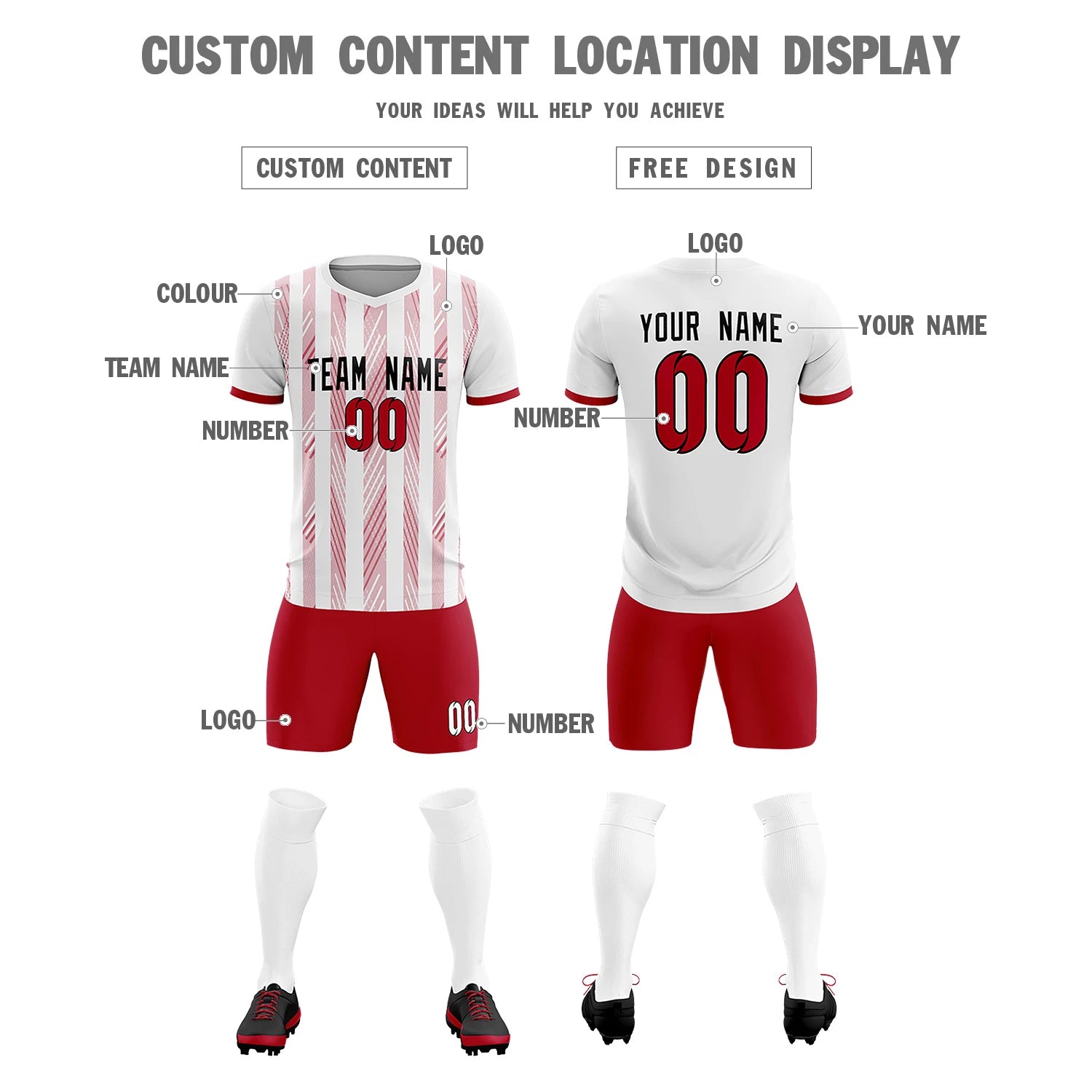 Custom White Red-White Soft Soccer Sets Jersey