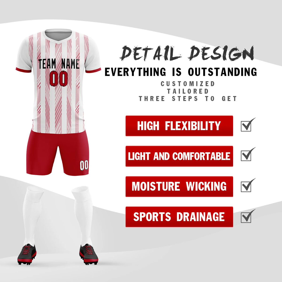 Custom White Red-White Soft Soccer Sets Jersey