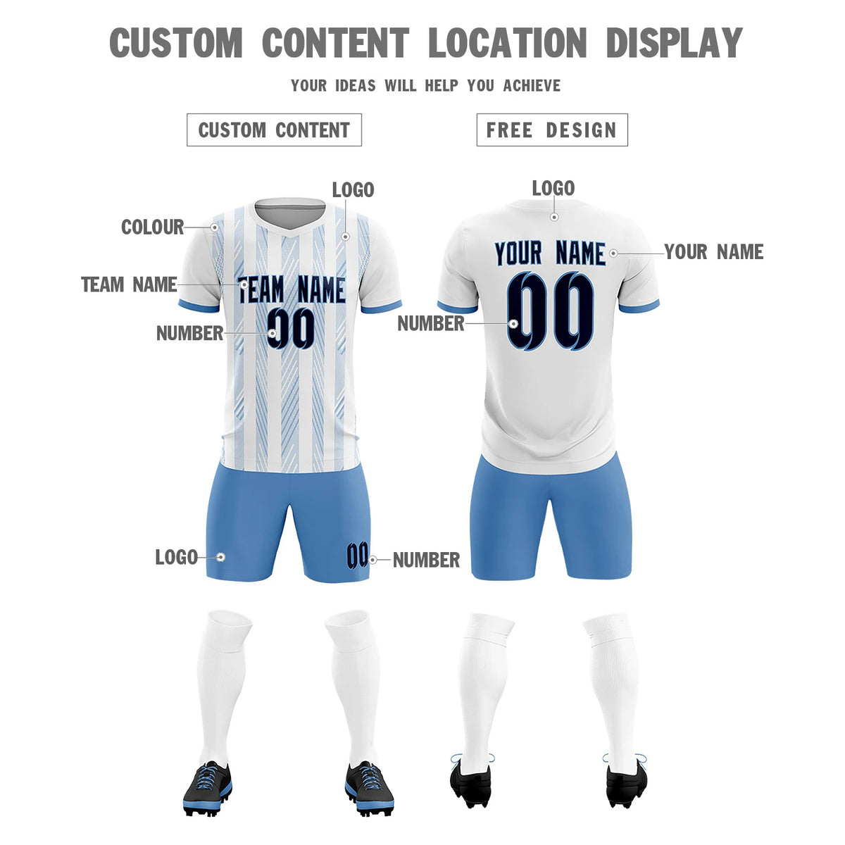 Custom White Light Blue-White Soft Soccer Sets Jersey