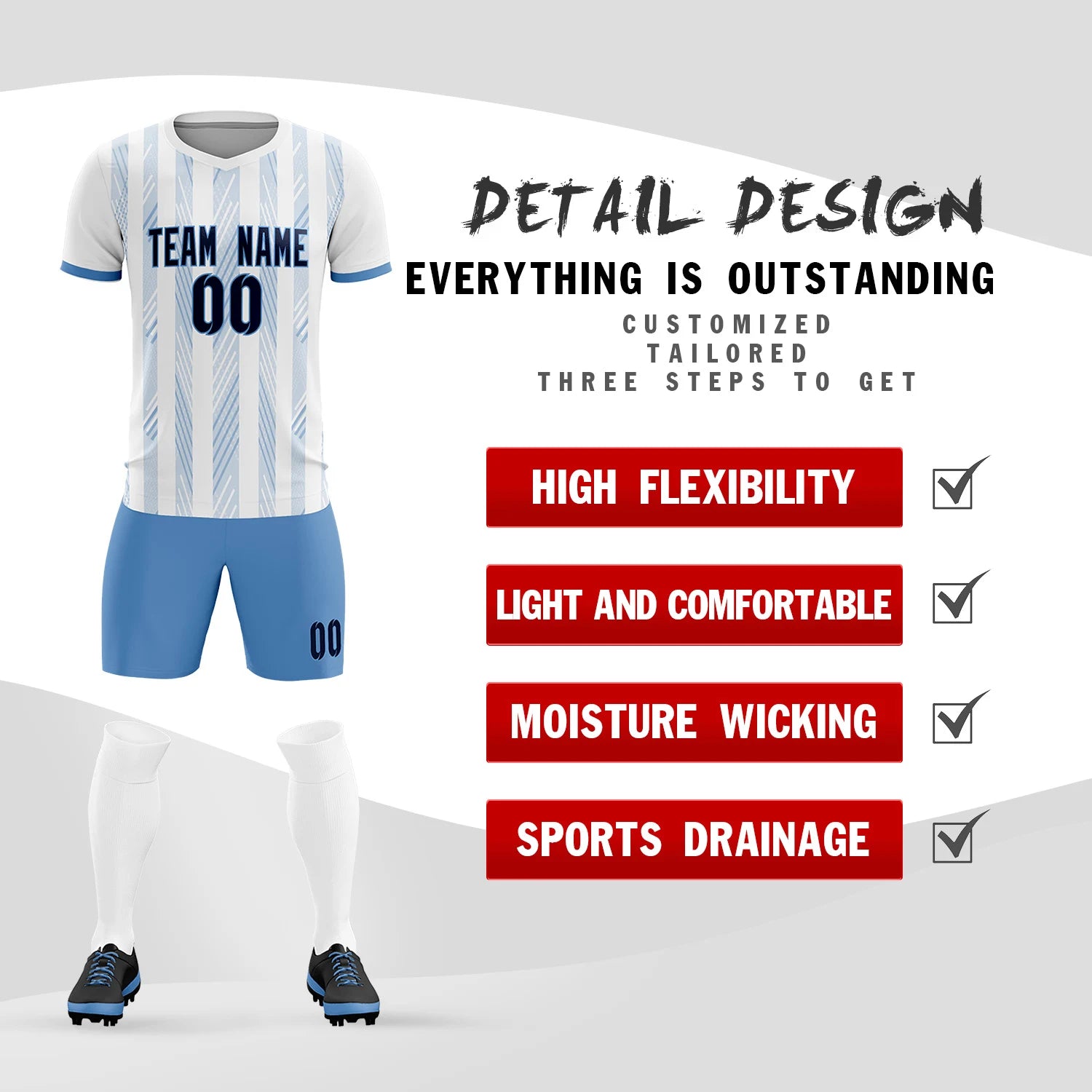Custom White Light Blue-White Soft Soccer Sets Jersey