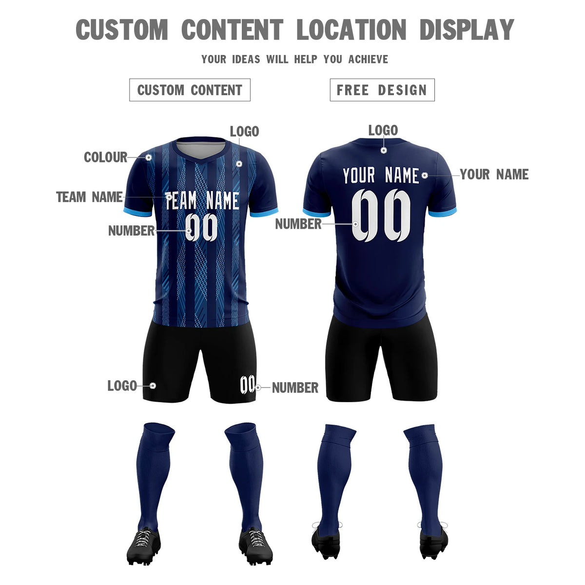 Custom Navy Powder Blue-White Soft Soccer Sets Jersey