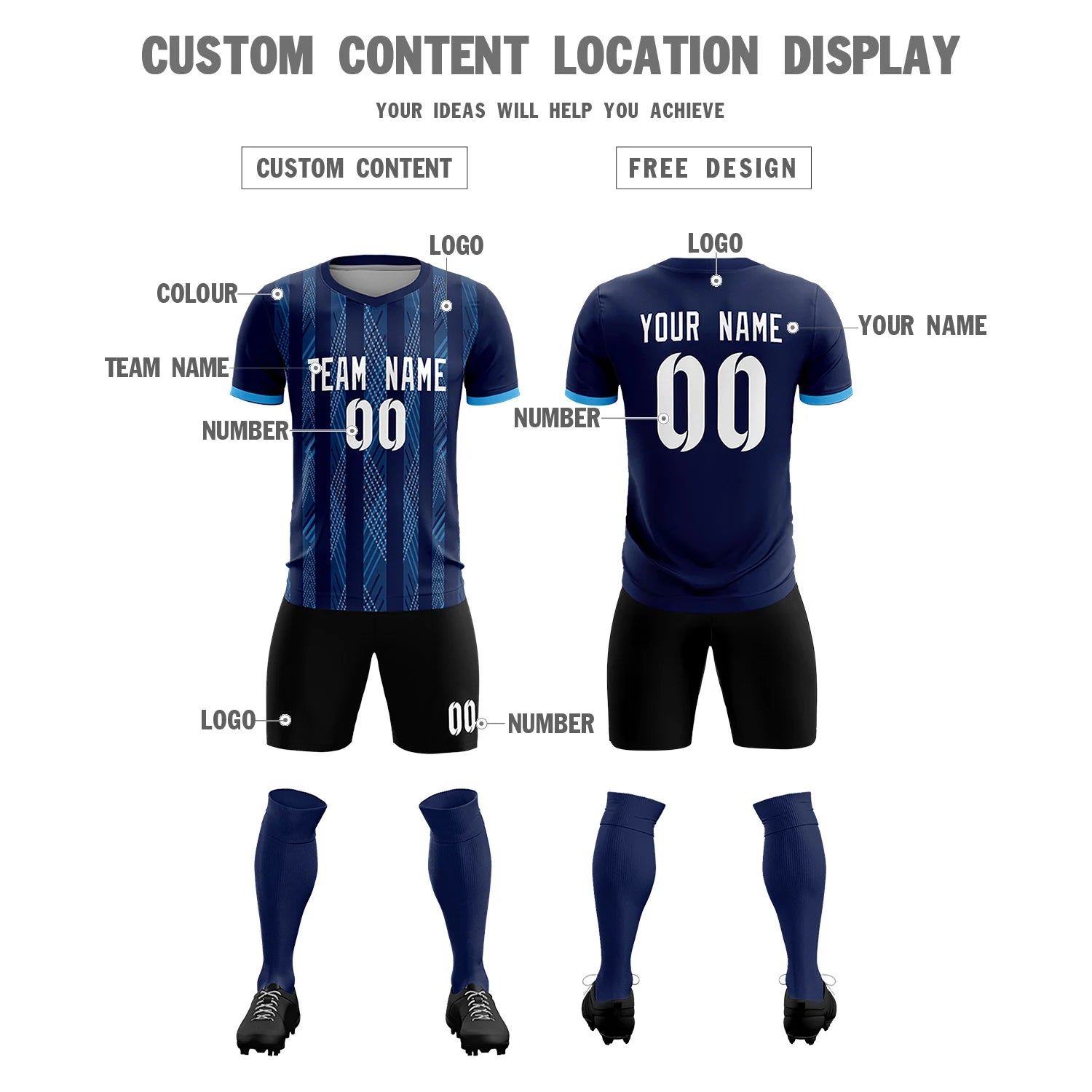 Custom Navy Powder Blue-White Soft Soccer Sets Jersey