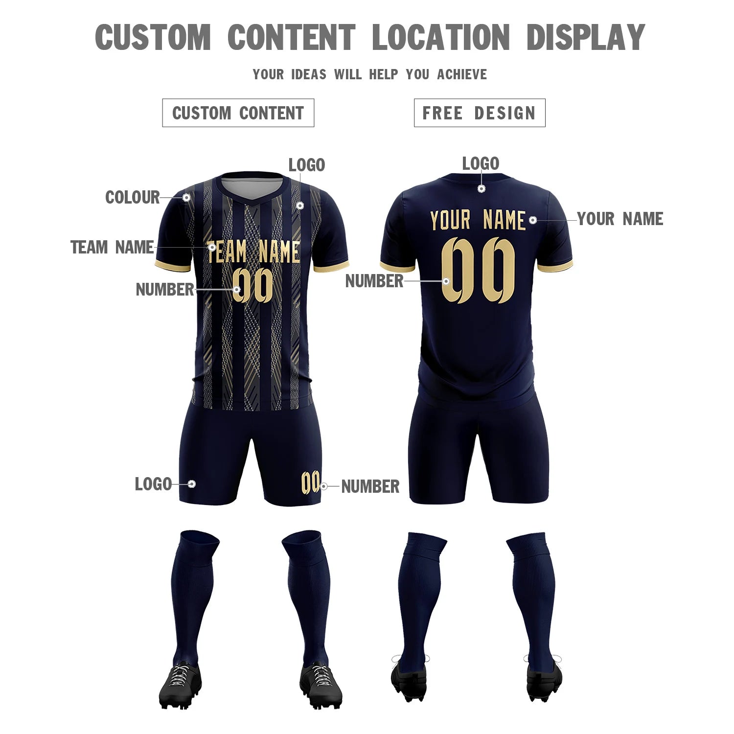 Custom Navy Khaki-White Soft Soccer Sets Jersey