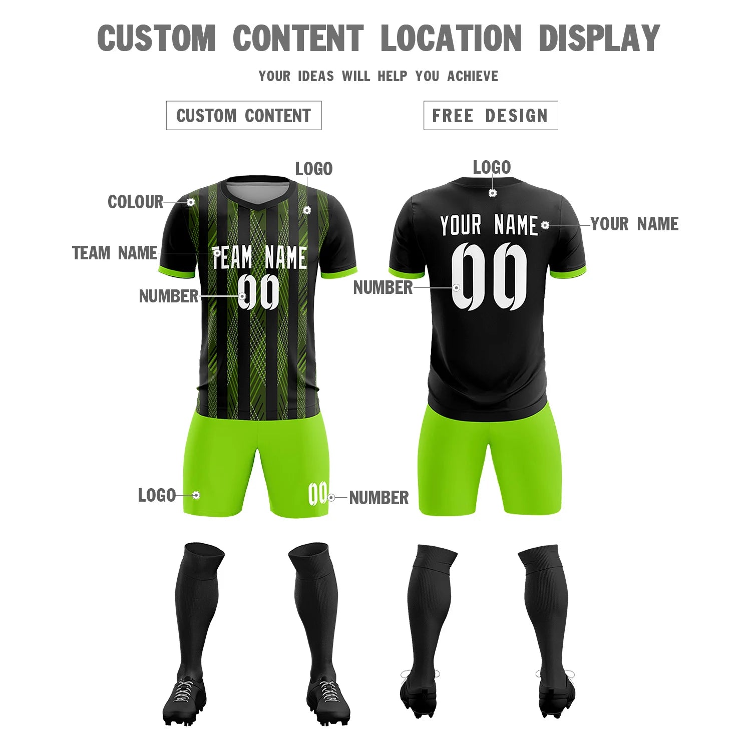 Custom Black Neon Green-White Soft Soccer Sets Jersey