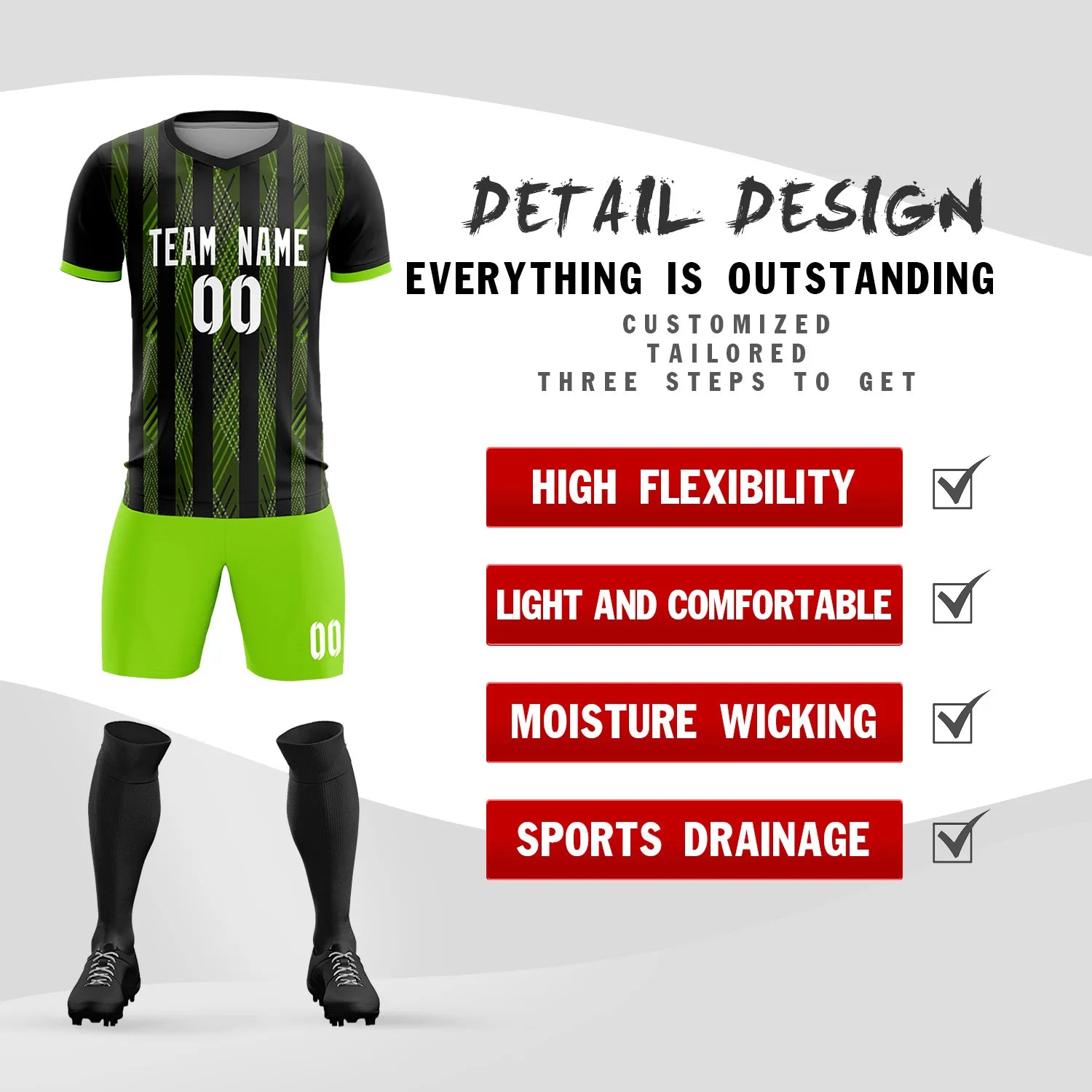 Custom Black Neon Green-White Soft Soccer Sets Jersey