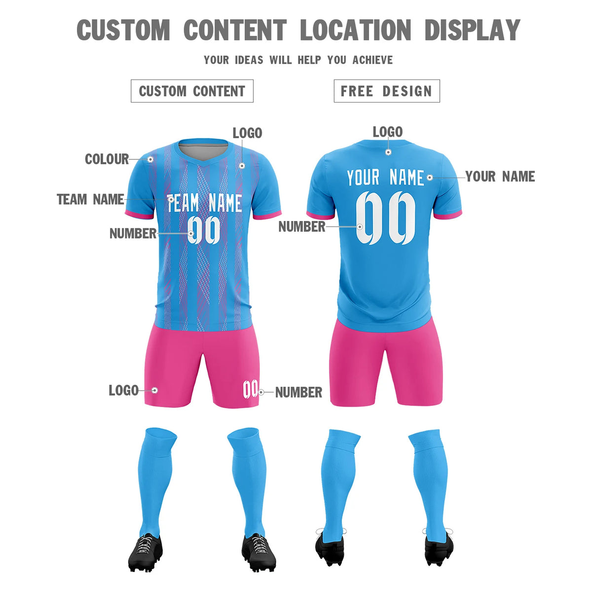 Custom Powder Blue Pink-White Soft Soccer Sets Jersey
