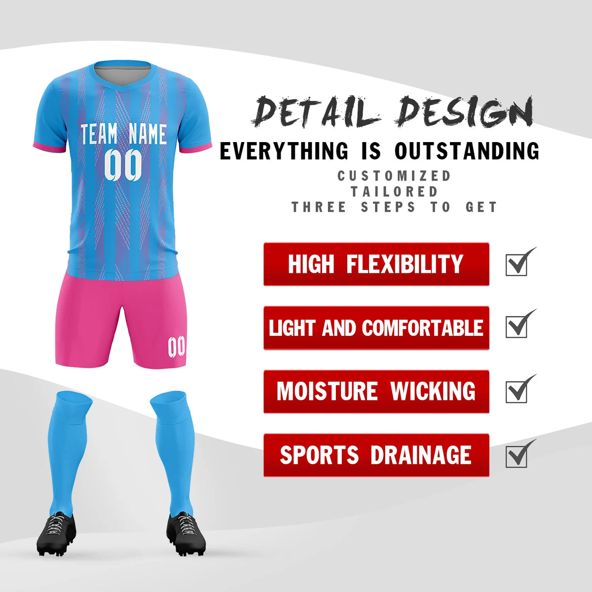Custom Powder Blue Pink-White Soft Soccer Sets Jersey