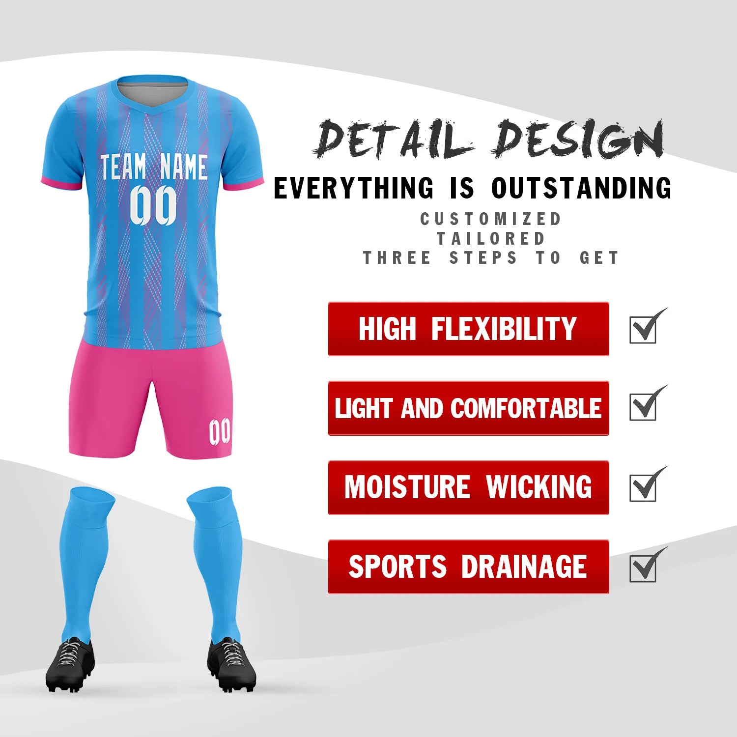 Custom Powder Blue Pink-White Soft Soccer Sets Jersey