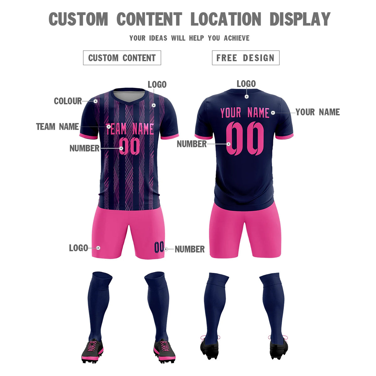 Custom Navy Pink-White Soft Soccer Sets Jersey