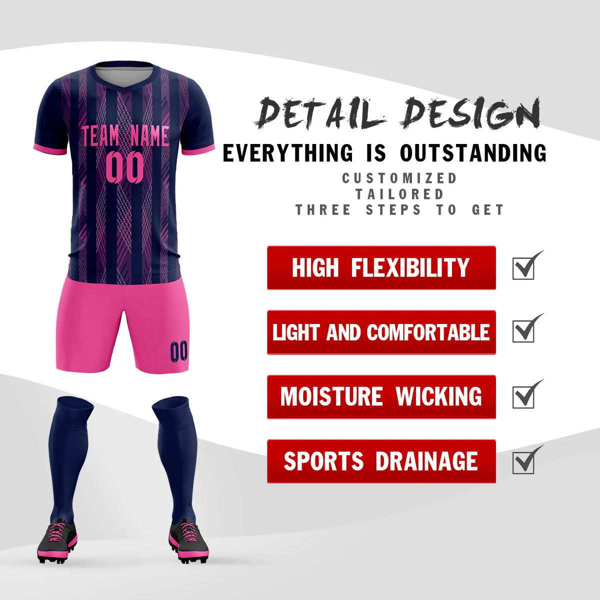 Custom Navy Pink-White Soft Soccer Sets Jersey