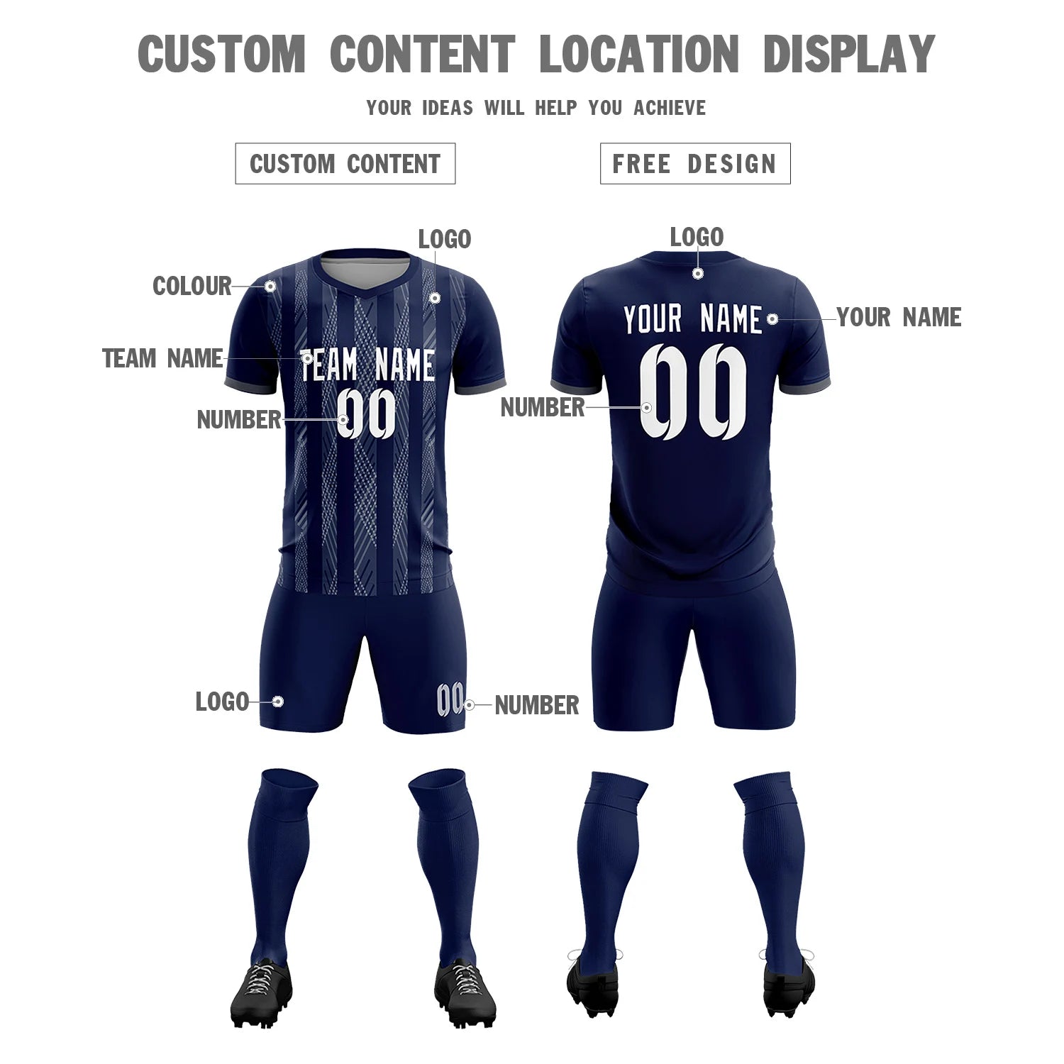 Custom Navy Gray-White Soft Soccer Sets Jersey