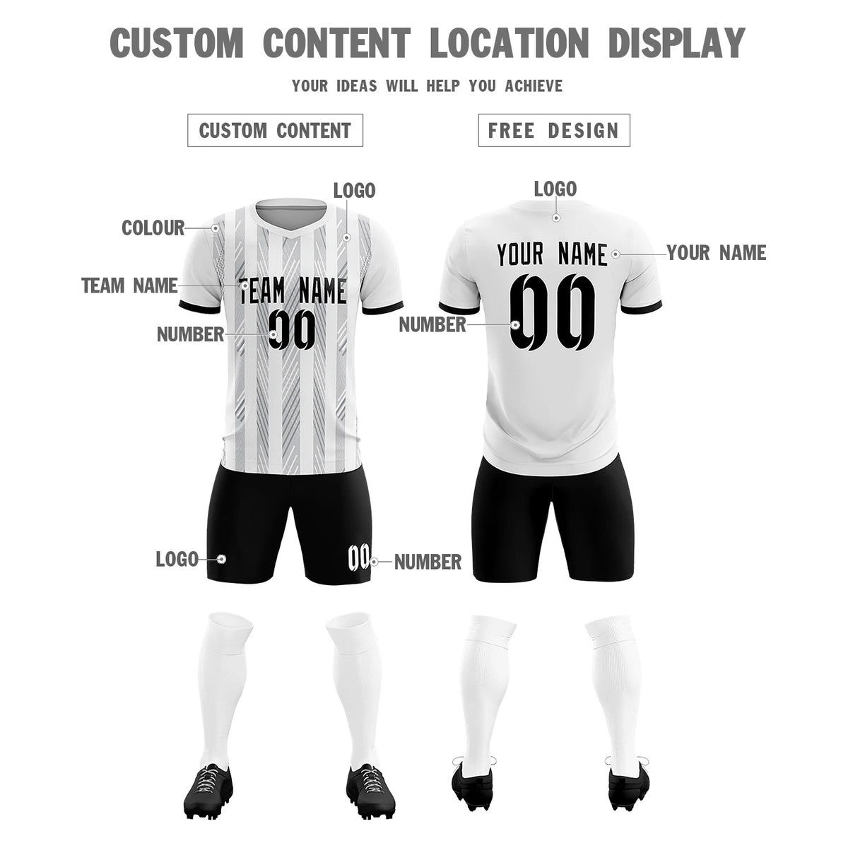 Custom White Black-White Soft Soccer Sets Jersey