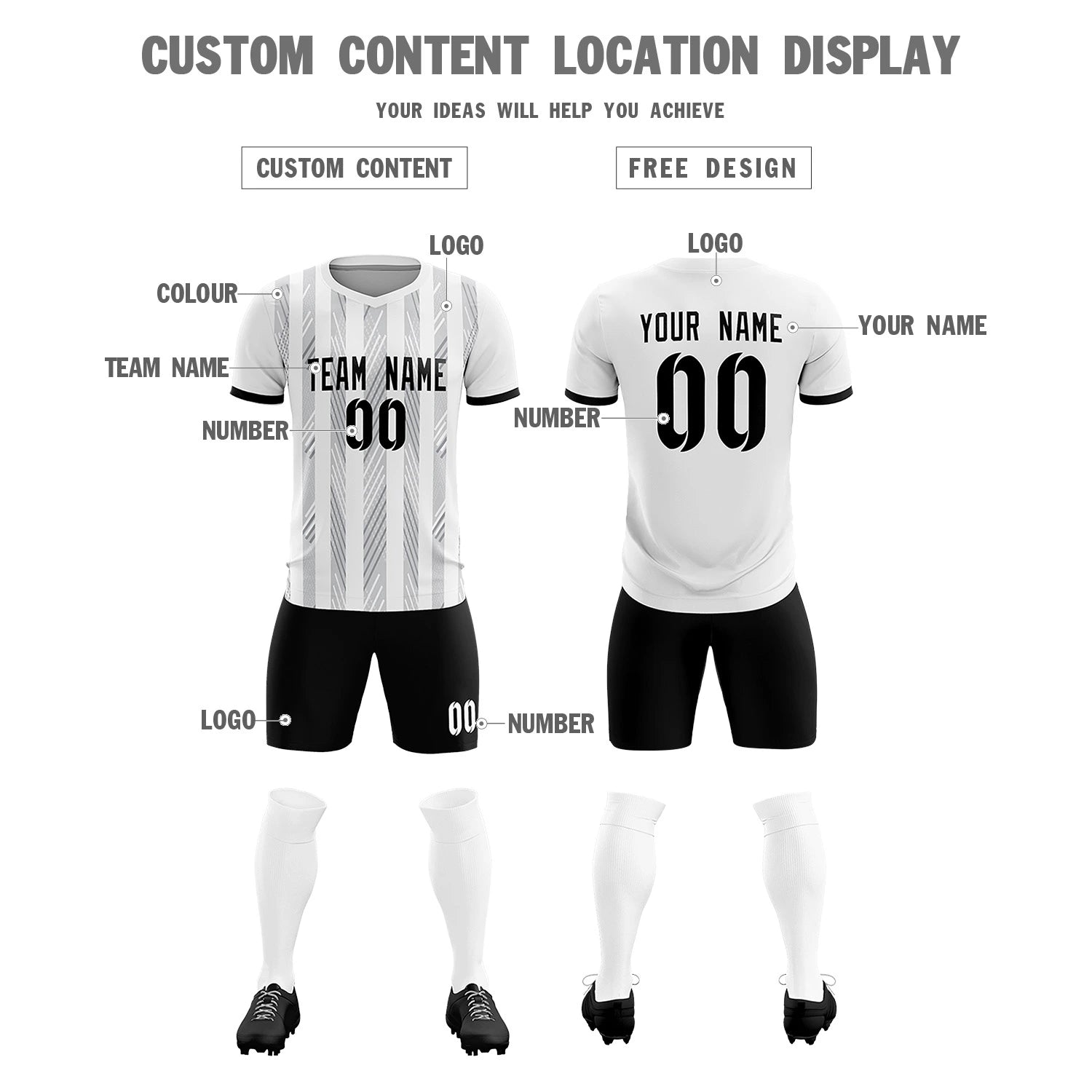 Custom White Black-White Soft Soccer Sets Jersey