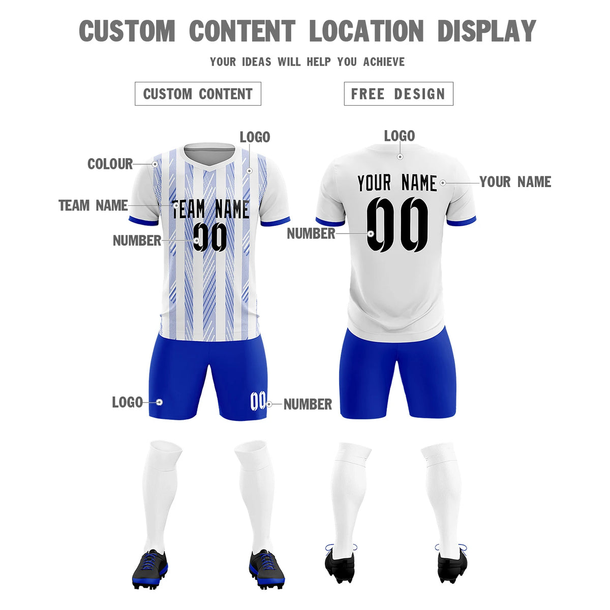 Custom White Royal Blue-White Soft Soccer Sets Jersey