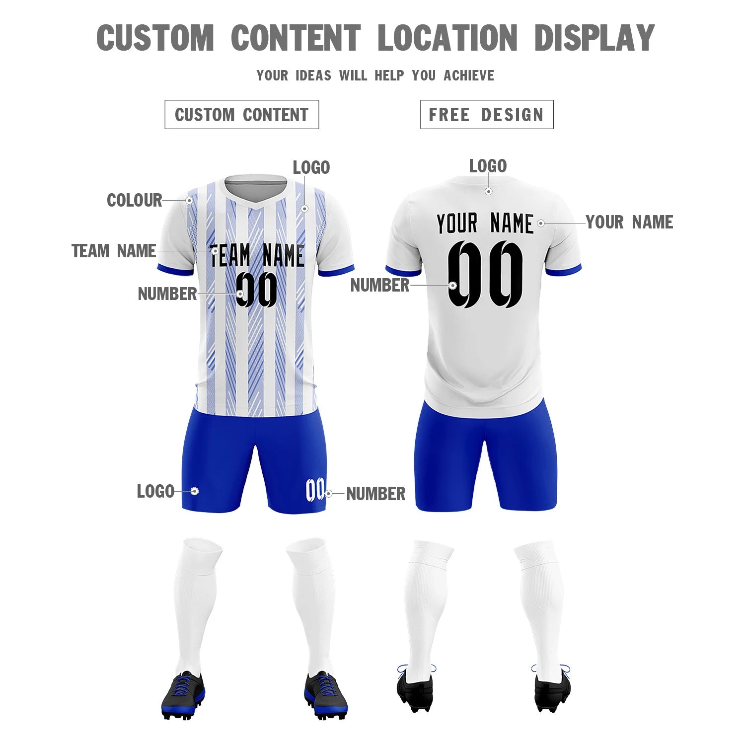 Custom White Royal Blue-White Soft Soccer Sets Jersey