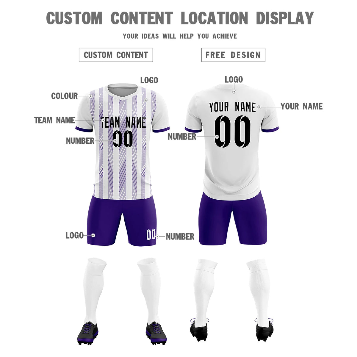 Custom White Purple-White Soft Soccer Sets Jersey