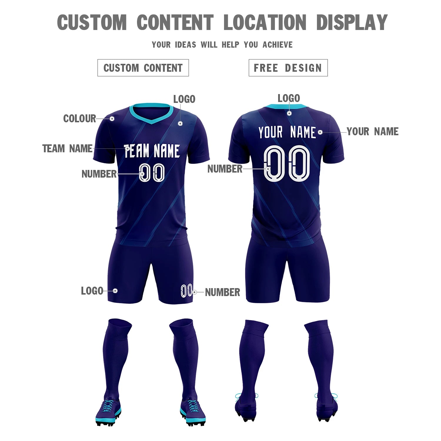 Custom Purple Sky Blue Printing Sportswear Soccer Sets Jersey