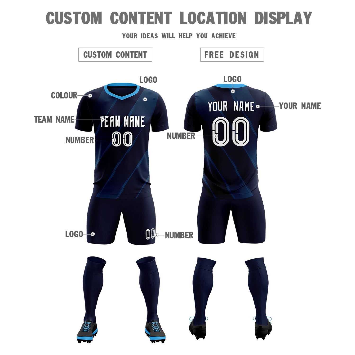 Custom Navy Powder Blue Printing Sportswear Soccer Sets Jersey