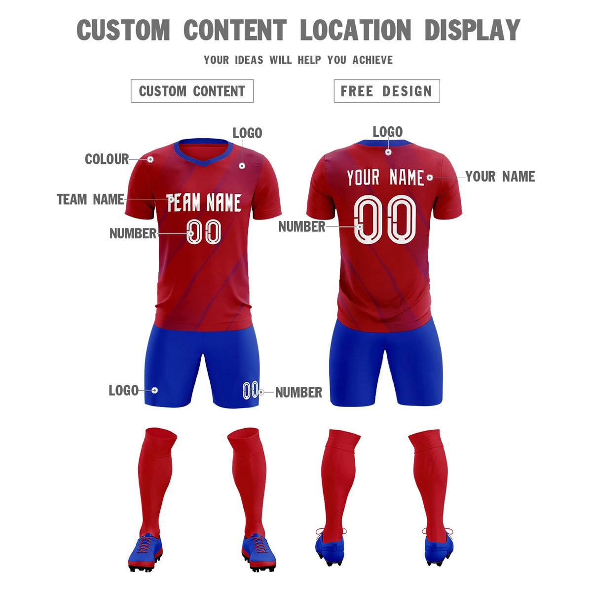 Custom Red Royal Blue Printing Sportswear Soccer Sets Jersey