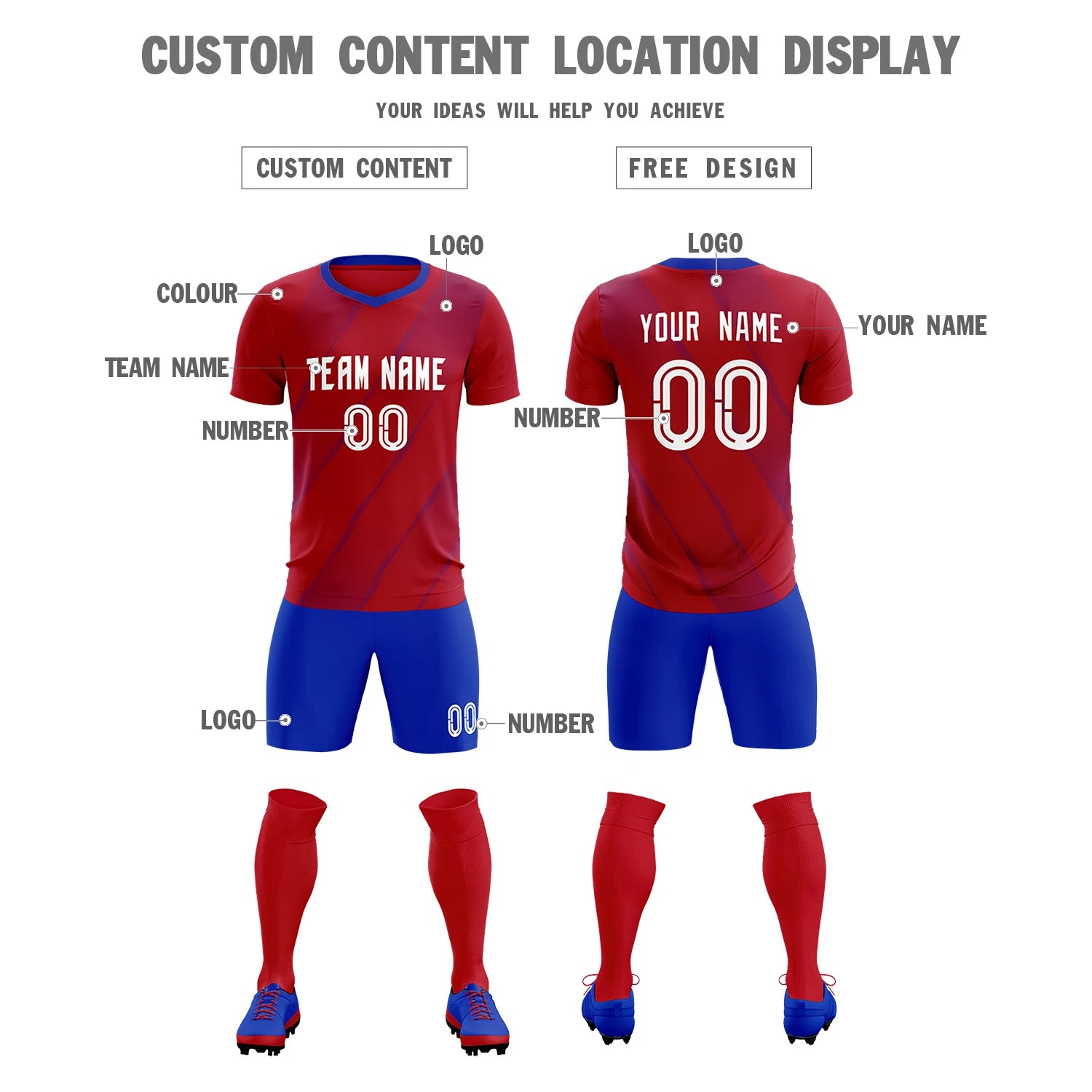 Custom Red Royal Blue Printing Sportswear Soccer Sets Jersey