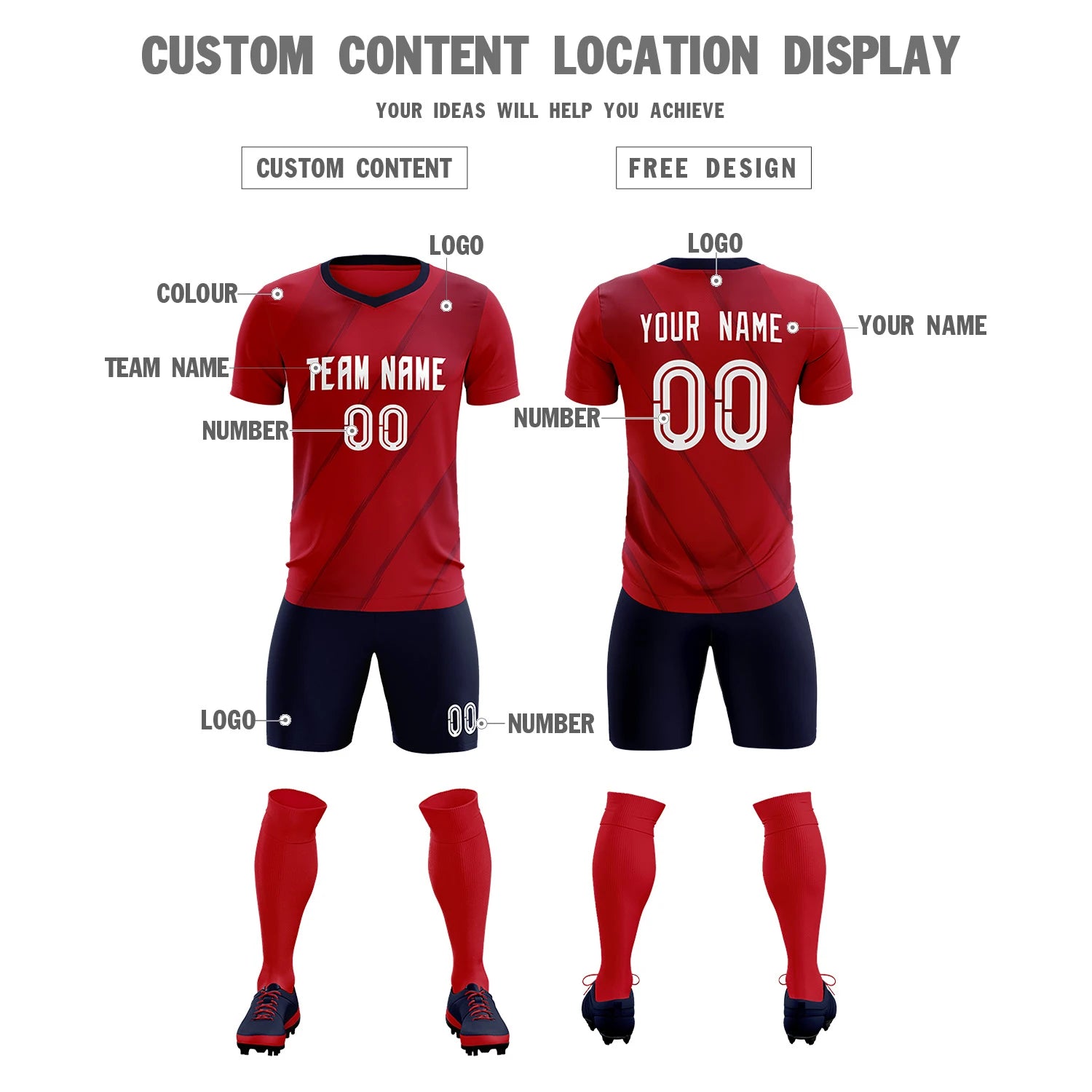 Custom Red Navy Printing Sportswear Soccer Sets Jersey