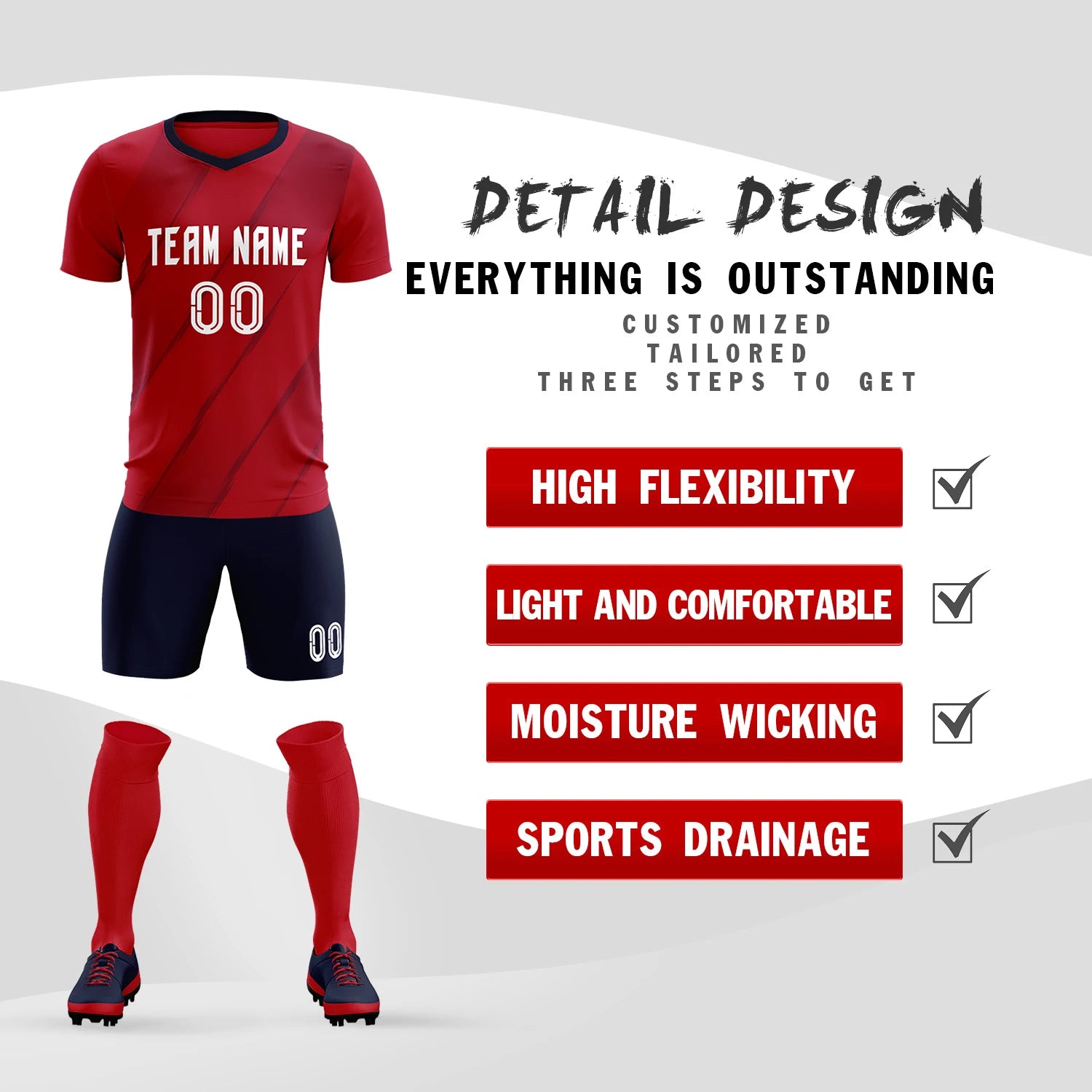 Custom Red Navy Printing Sportswear Soccer Sets Jersey