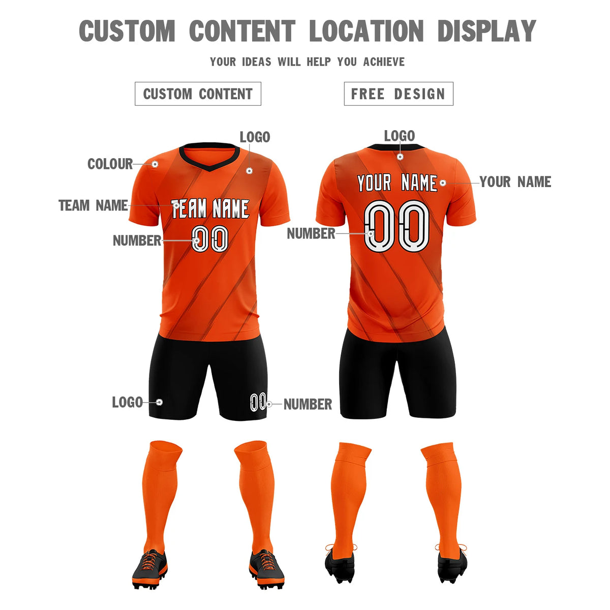 Custom Orange Black Printing Sportswear Soccer Sets Jersey