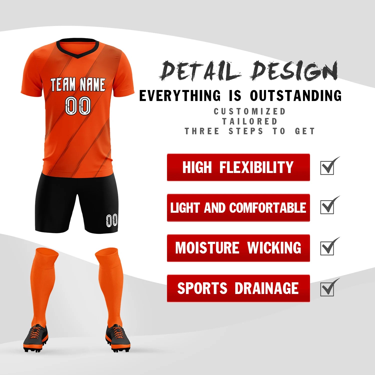 Custom Orange Black Printing Sportswear Soccer Sets Jersey