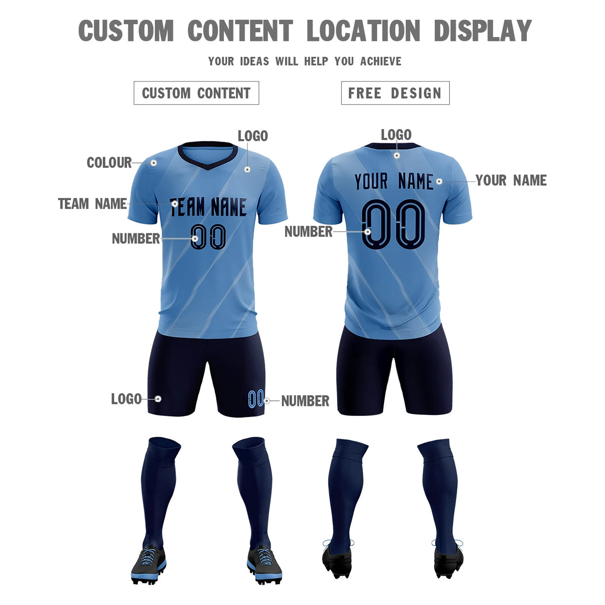 Custom Light Blue Navy Printing Sportswear Soccer Sets Jersey