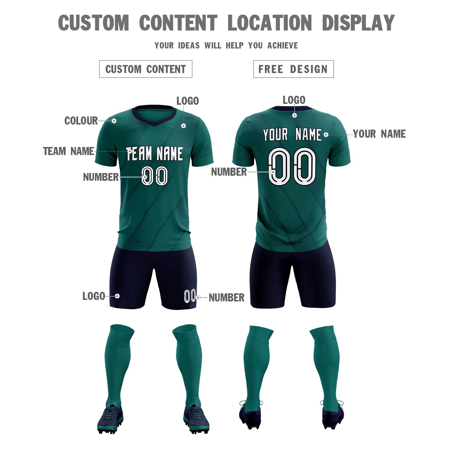 Custom Aqua Black Printing Sportswear Soccer Sets Jersey