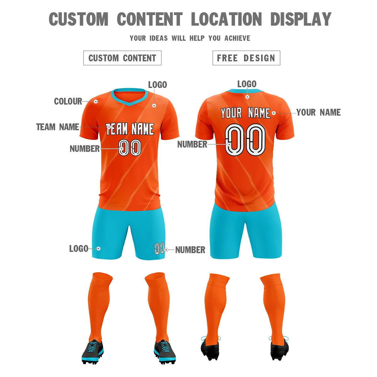 Custom Orange Sky Blue Printing Sportswear Soccer Sets Jersey