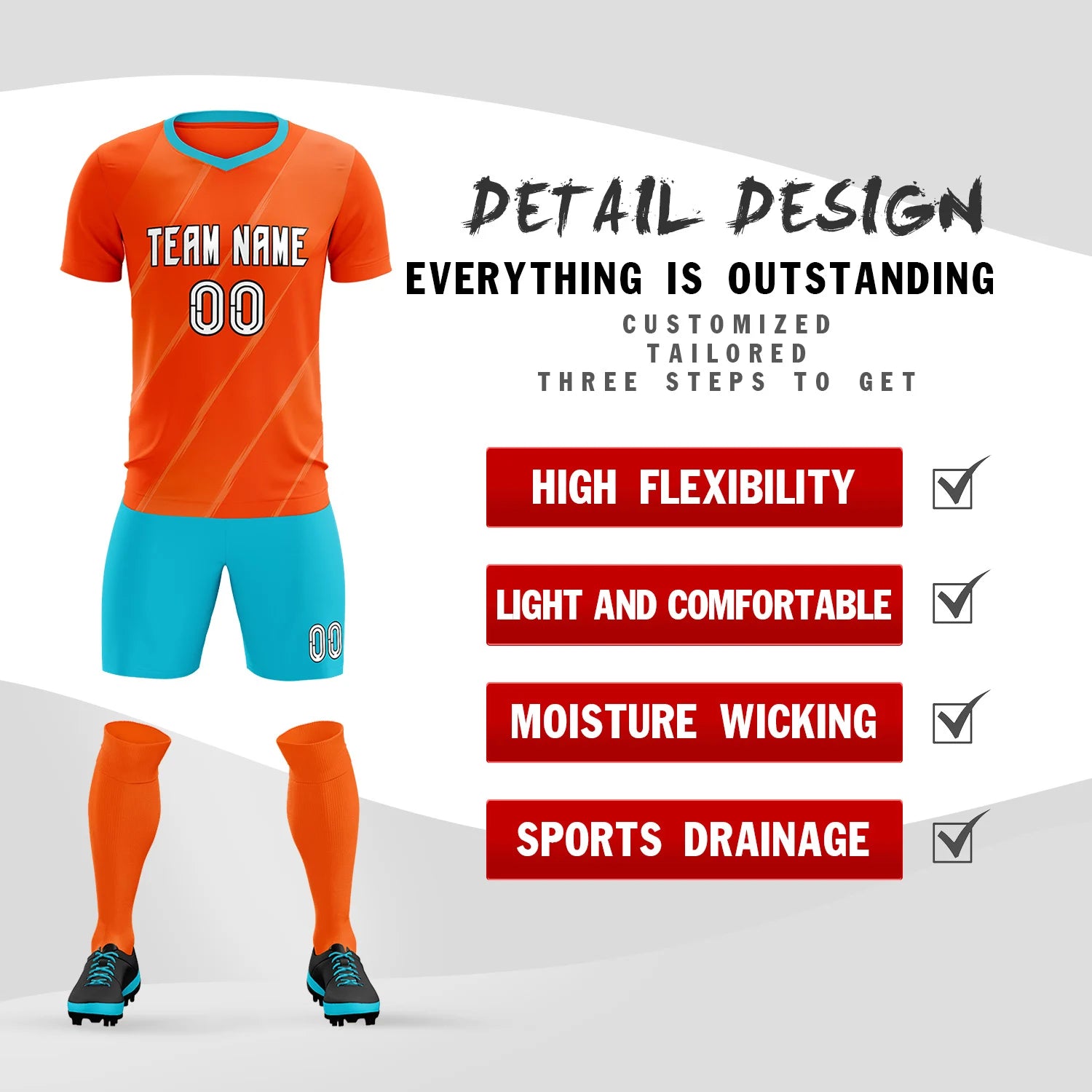 Custom Orange Sky Blue Printing Sportswear Soccer Sets Jersey