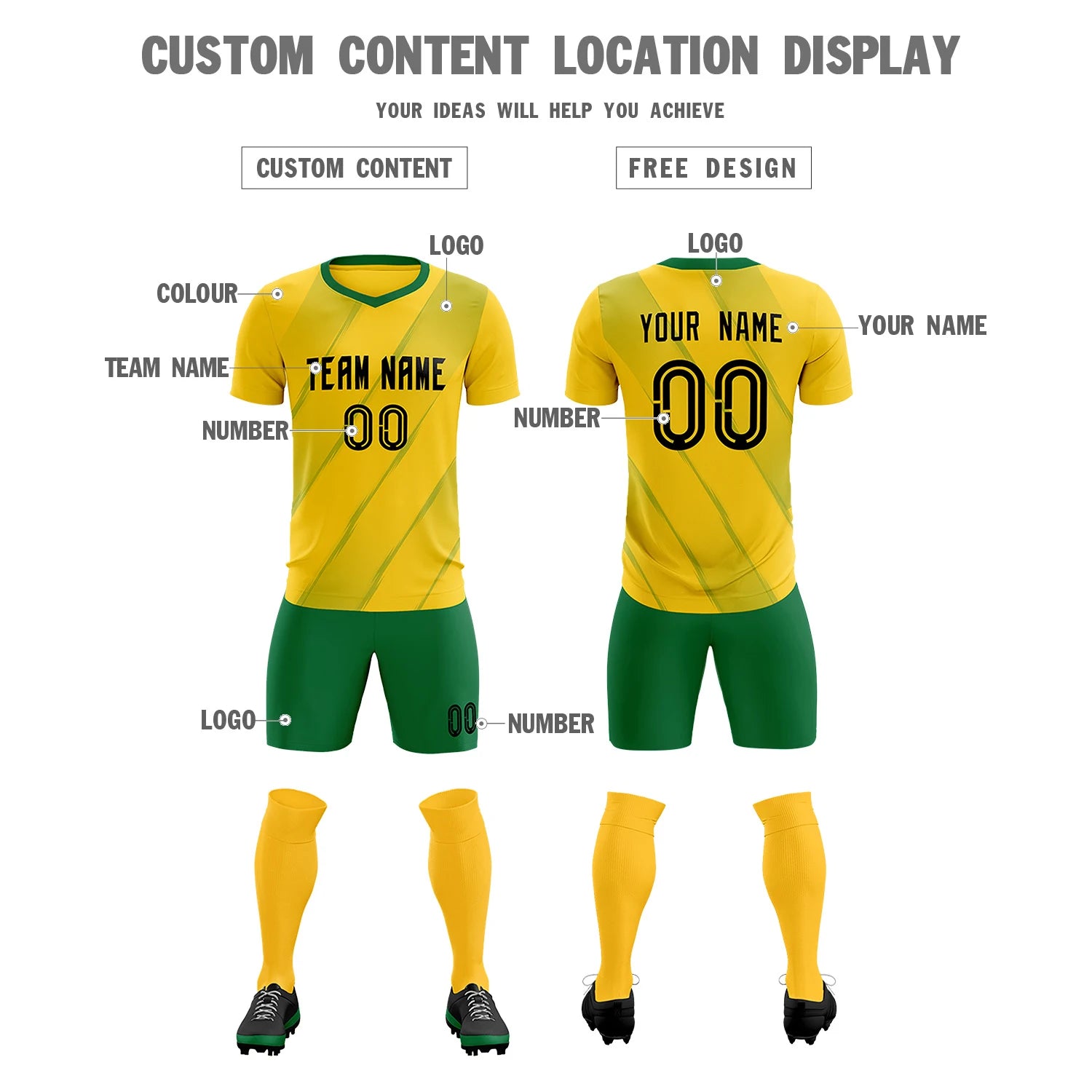 Custom Gold01 Kelly Green Printing Sportswear Soccer Sets Jersey