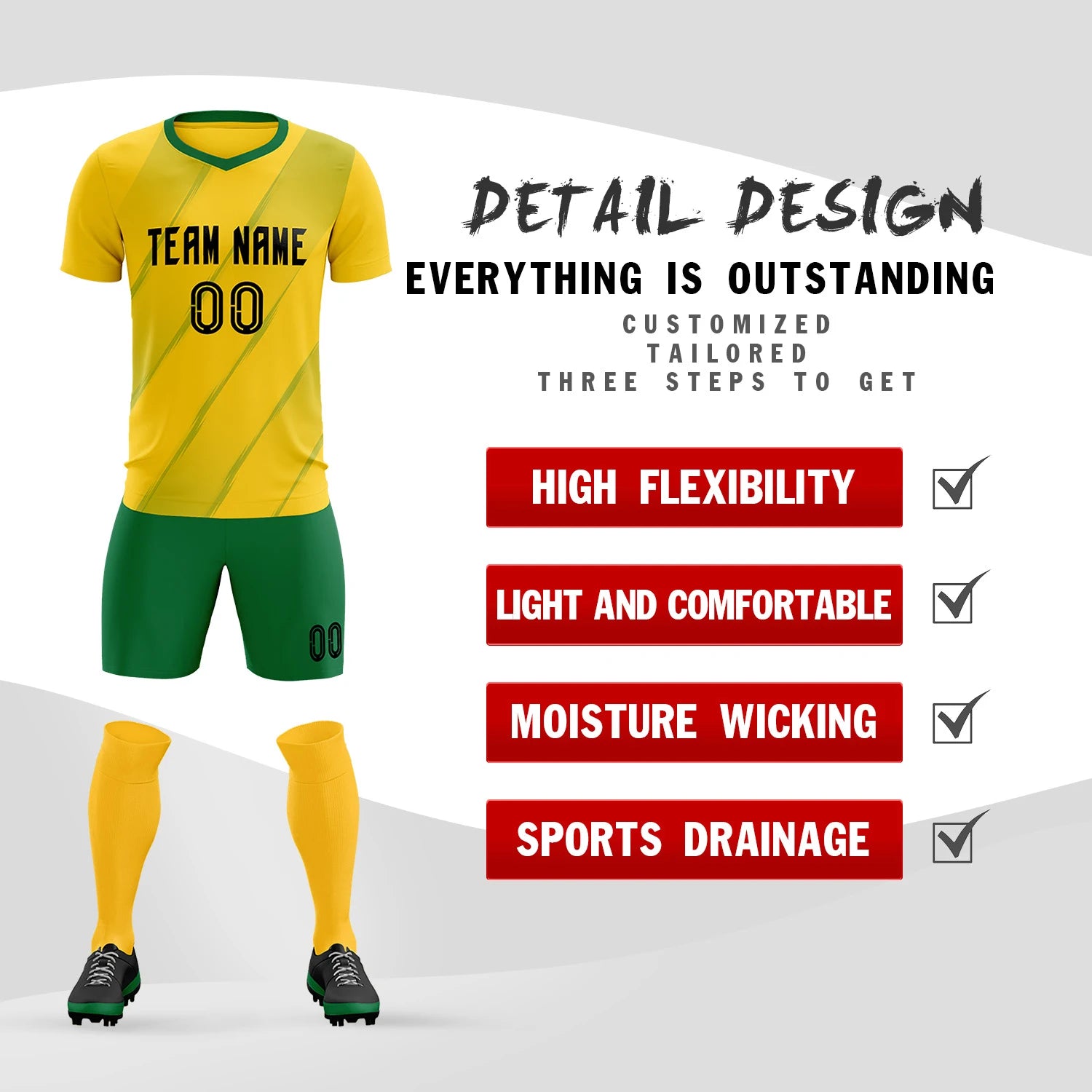 Custom Gold01 Kelly Green Printing Sportswear Soccer Sets Jersey