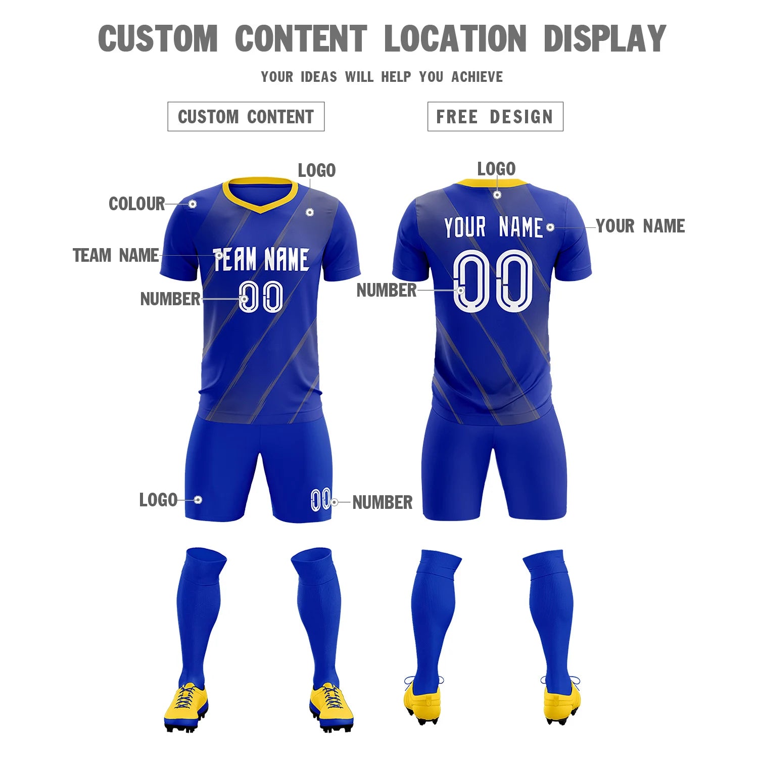 Custom Royal Blue Gold01 Printing Sportswear Soccer Sets Jersey
