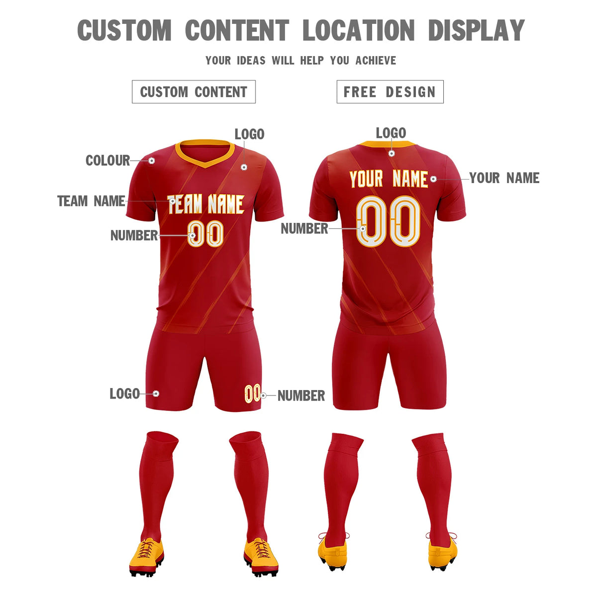 Custom Red Gold01 Printing Sportswear Soccer Sets Jersey