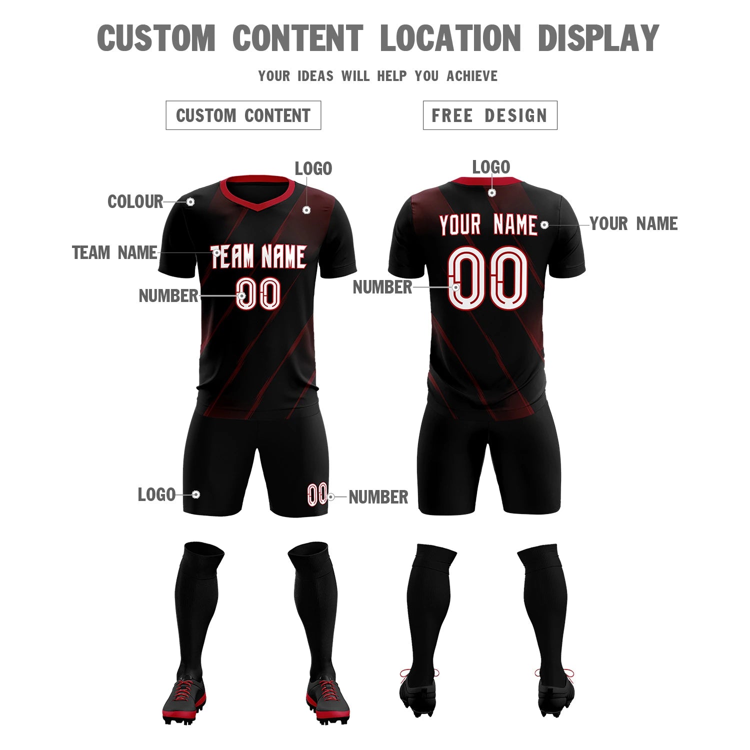 Custom Black Red Printing Sportswear Soccer Sets Jersey