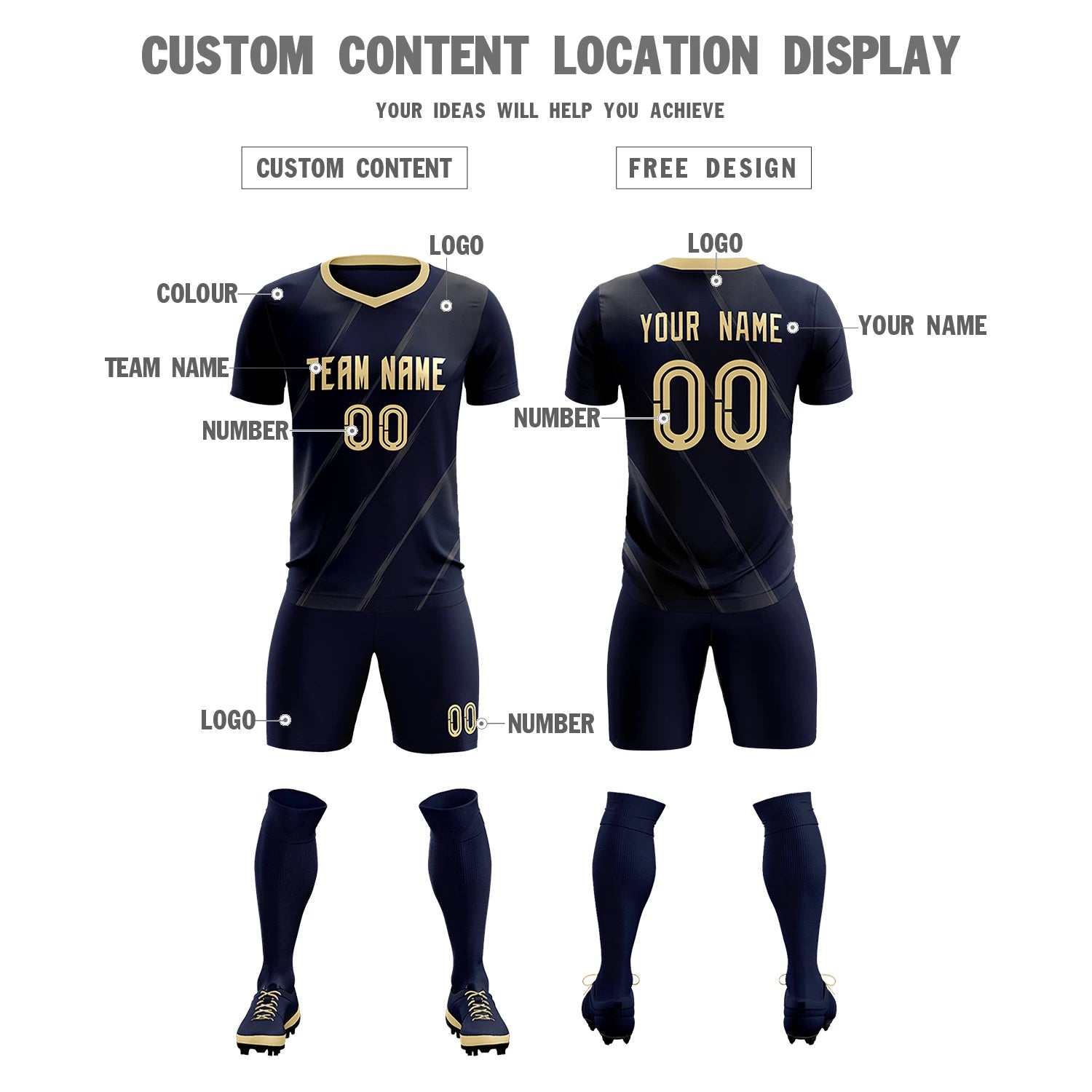 Custom Navy Khaki Printing Sportswear Soccer Sets Jersey
