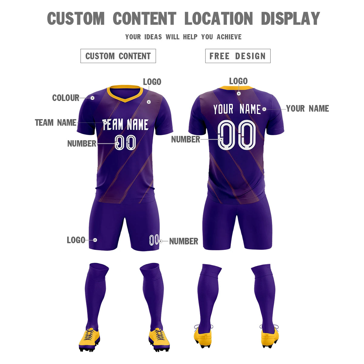 Custom Purple Yellow Printing Sportswear Soccer Sets Jersey