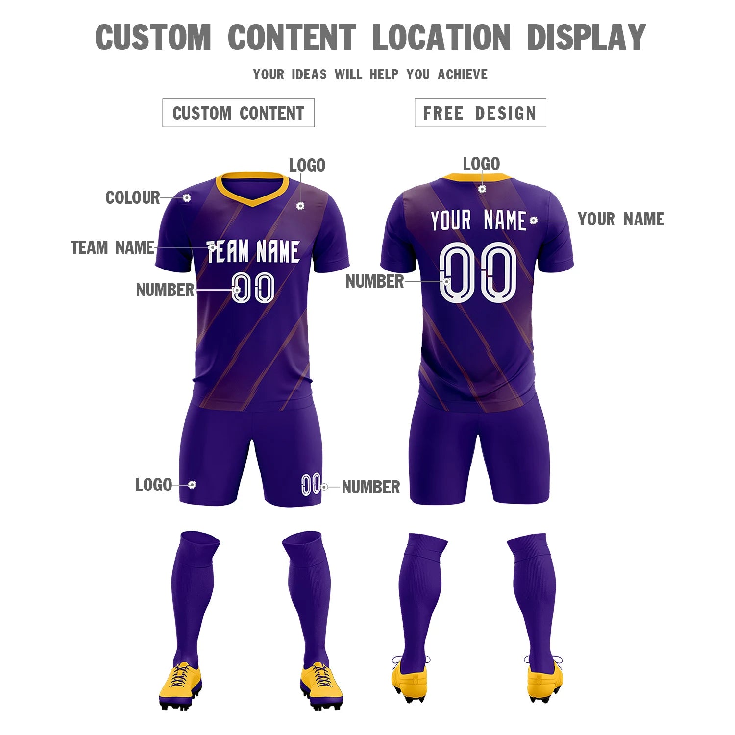 Custom Purple Yellow Printing Sportswear Soccer Sets Jersey